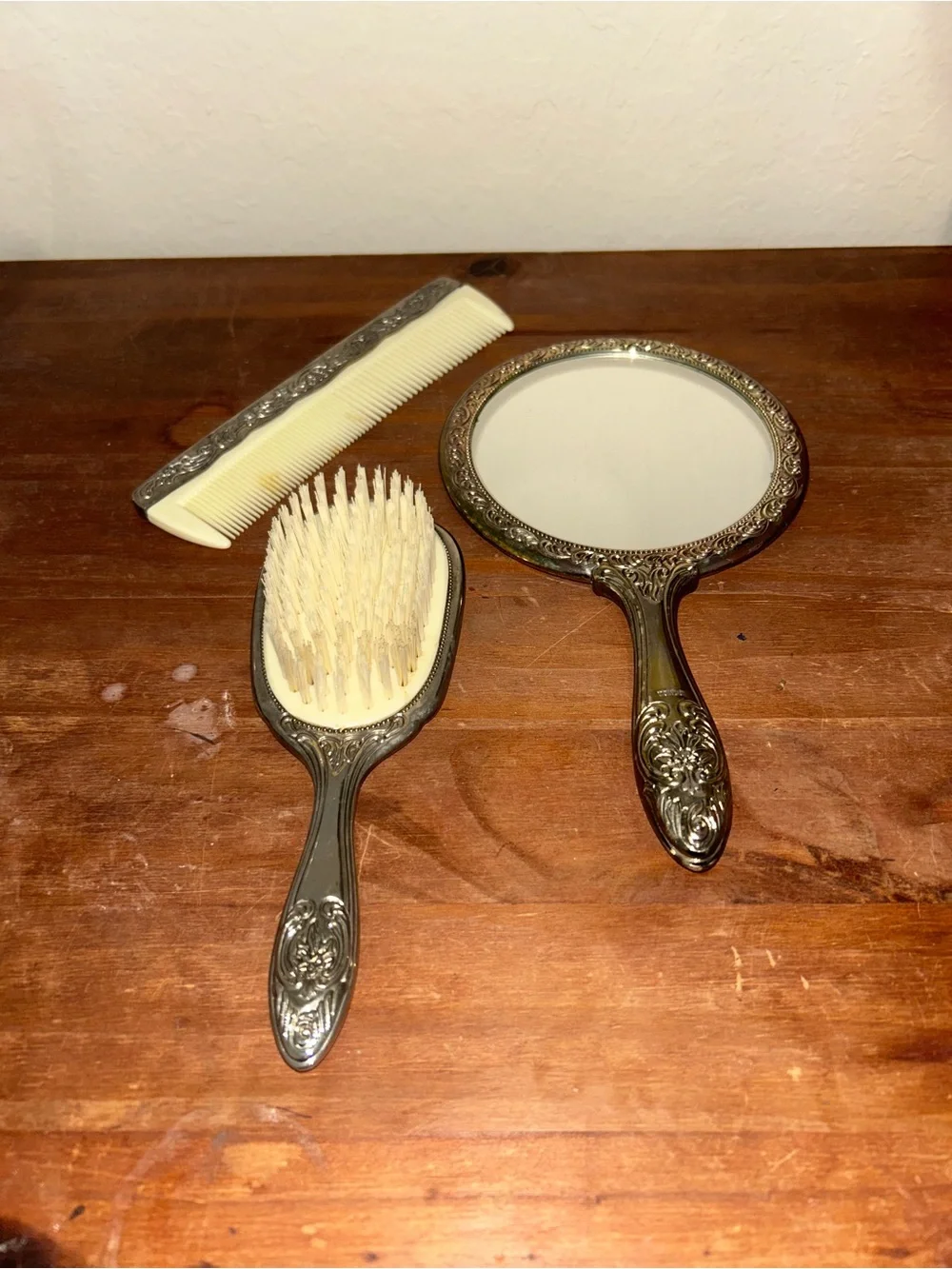 Vintage Towle Silverplated 3 Pc Dresser Set Vanity Mirror Brush Comb New